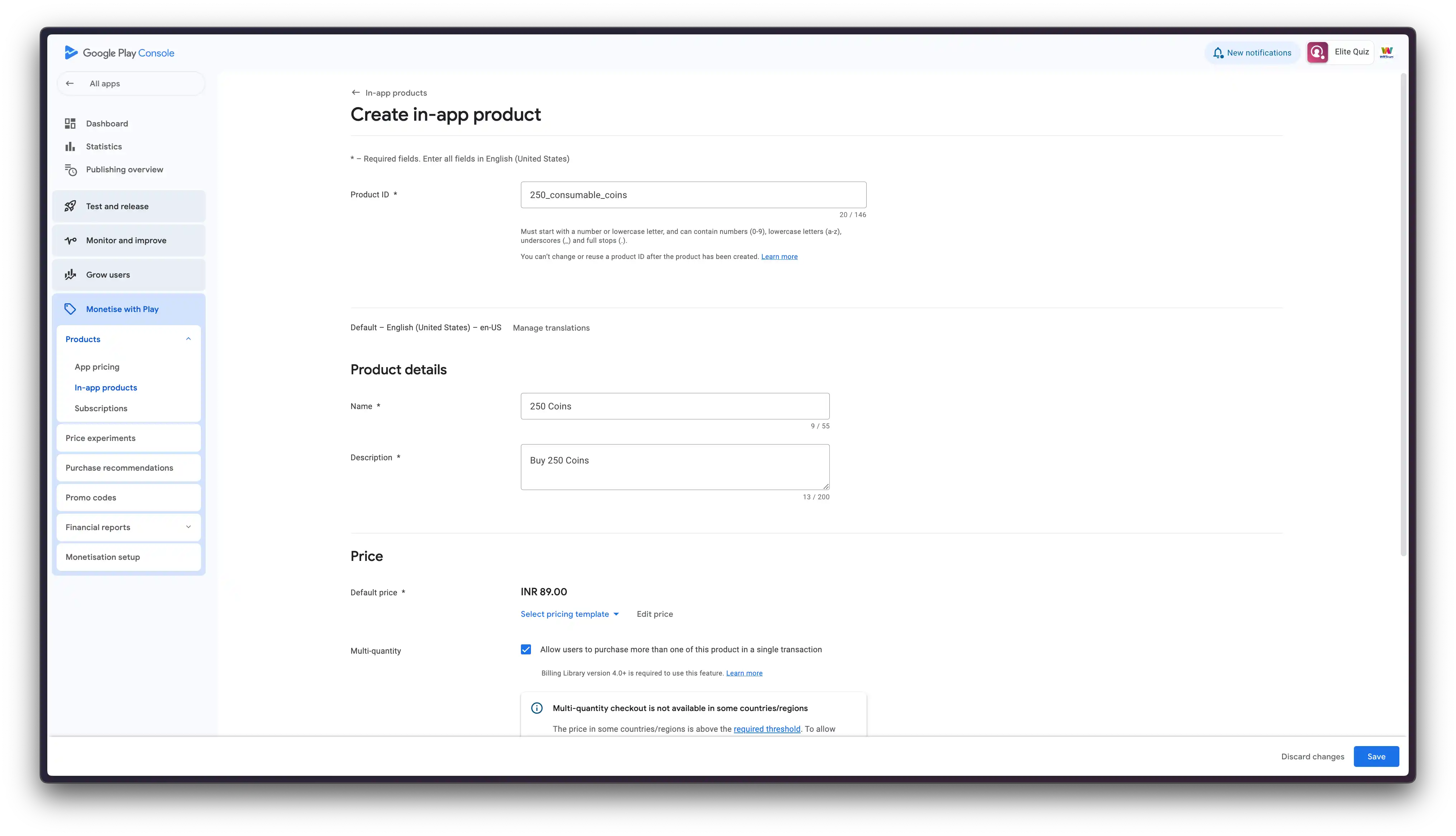 Play Console Add IAP Details