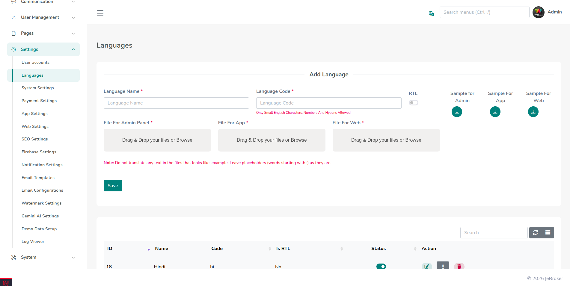 Admin Panel Language