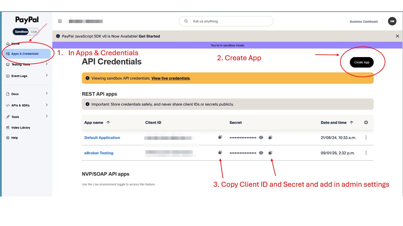 Paypal Apps and credentials 