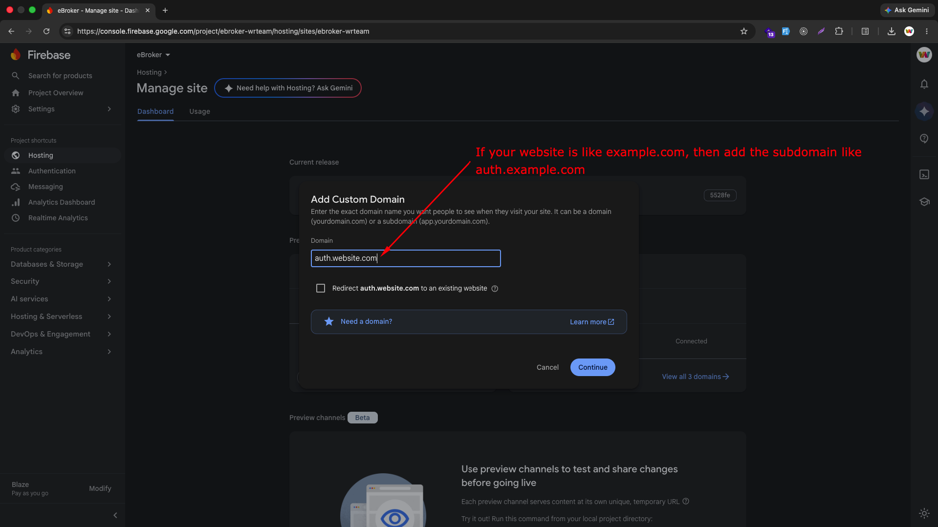Enter custom subdomain