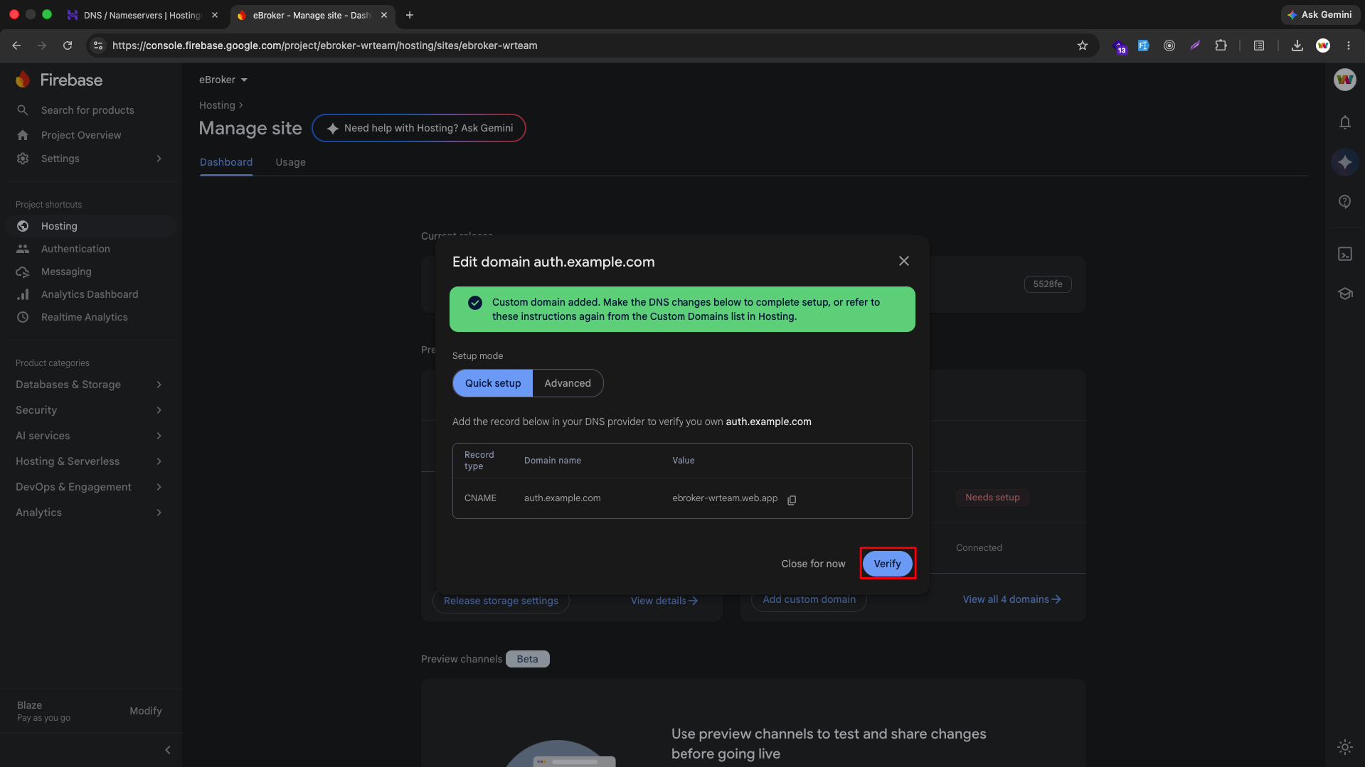 Verify domain in Firebase