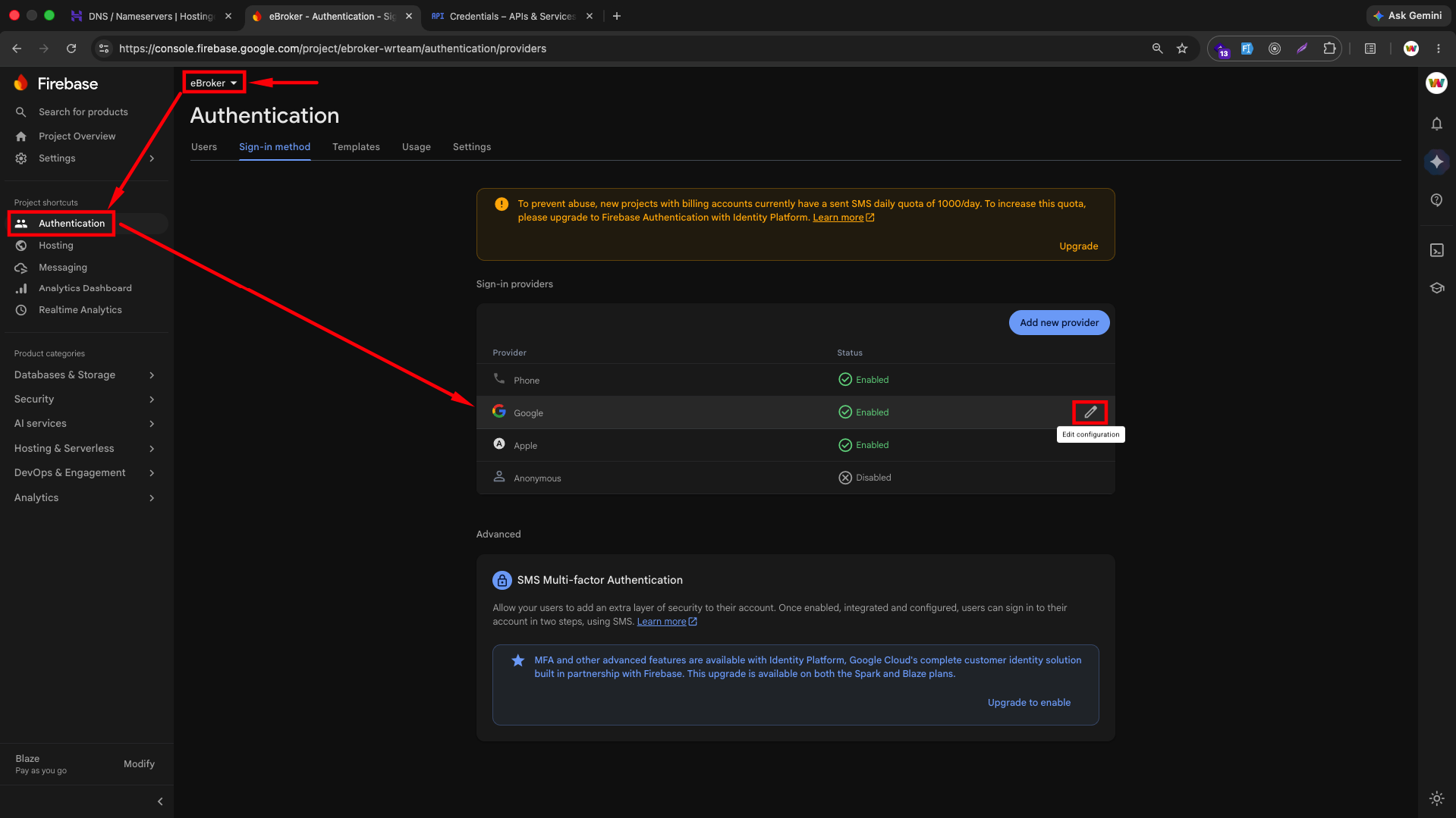 Edit Google sign-in provider