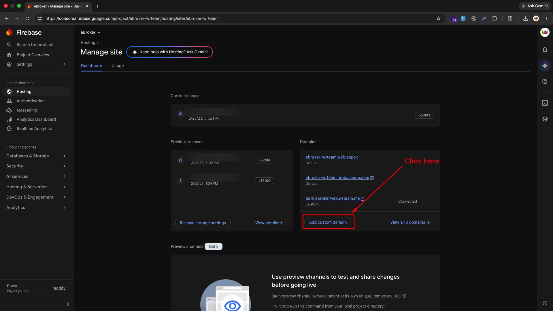 Add custom domain button