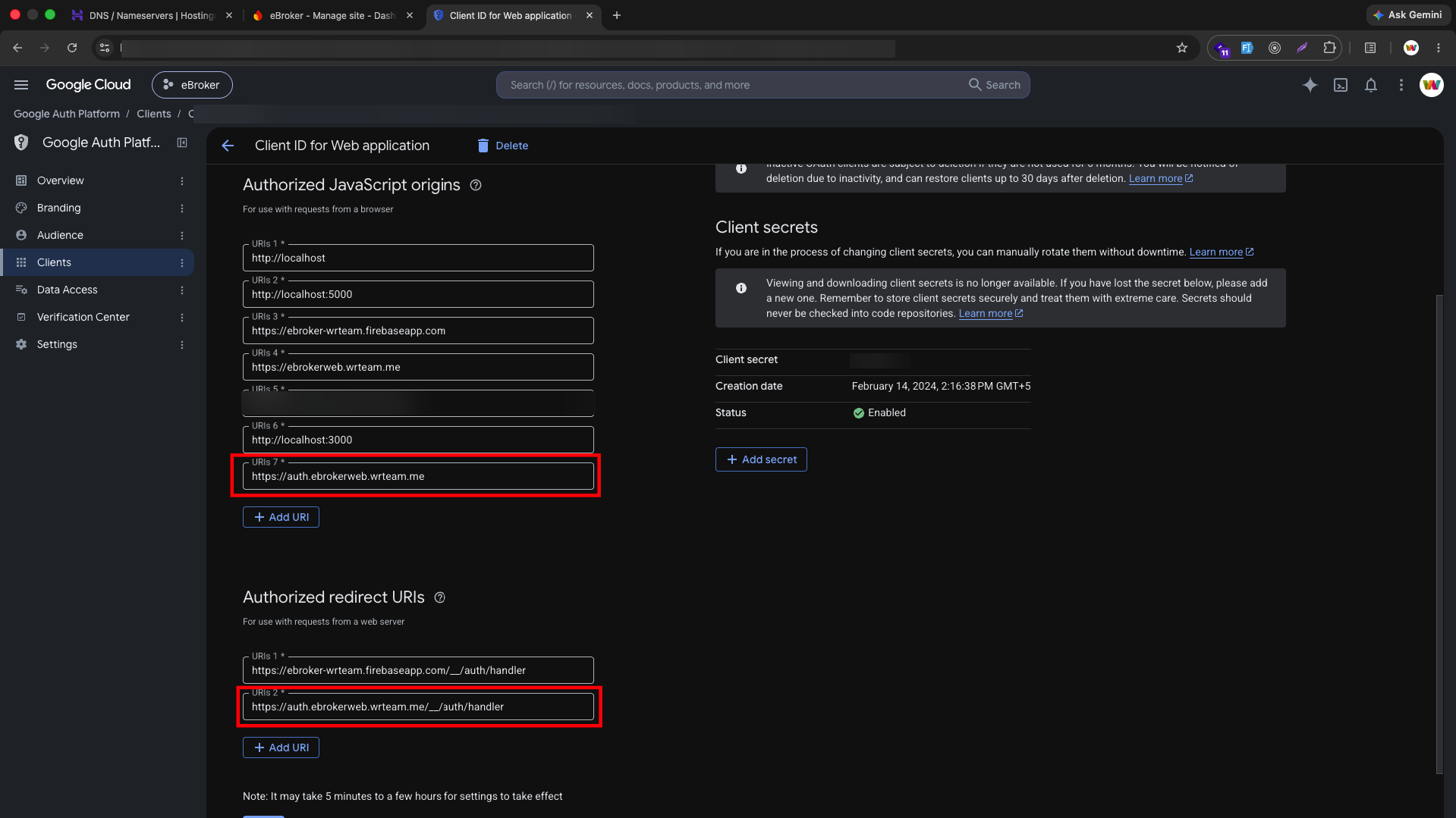 Add authorized origins and redirect URIs