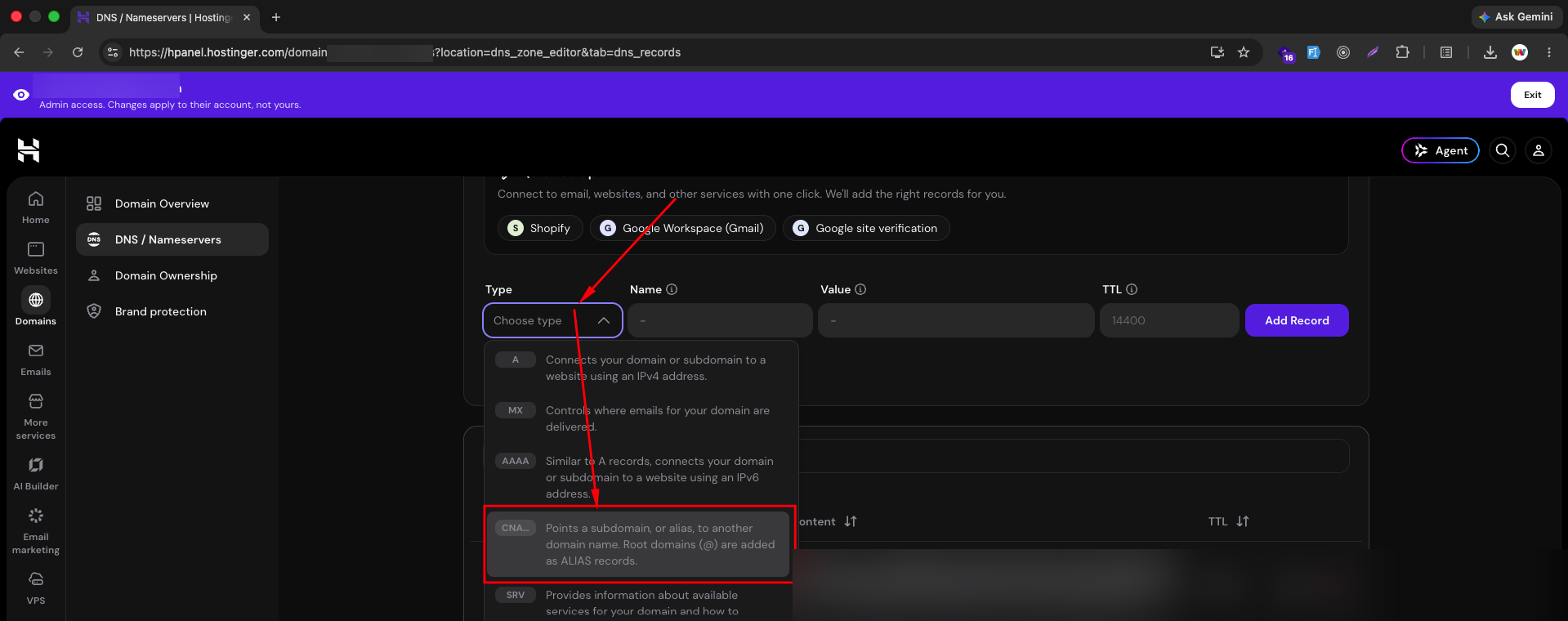 Select CNAME record type