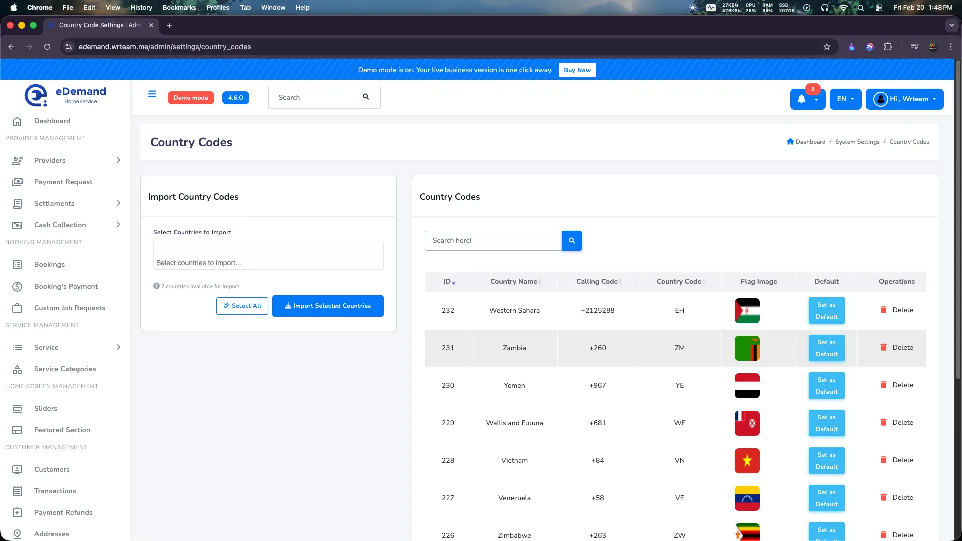 Admin Panel Country Code Settings