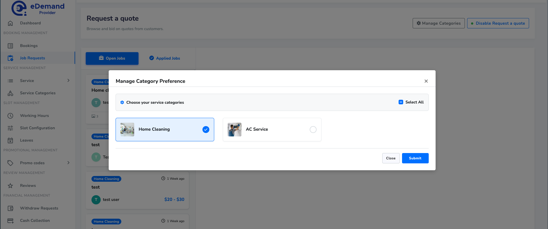 Manage Category Preference Panel