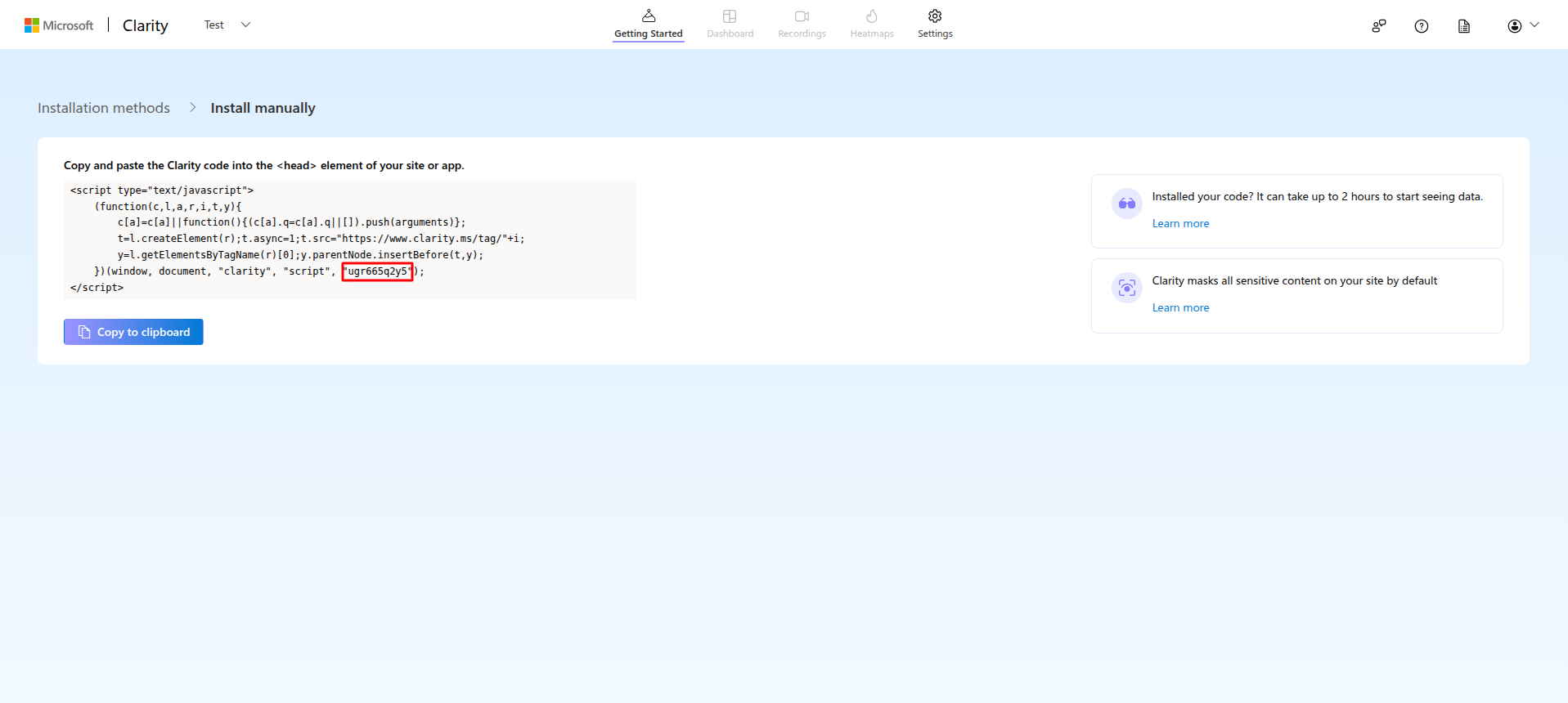 Microsoft Clarity project ID preview