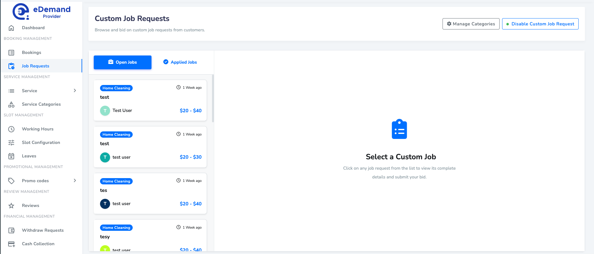 Received Custom Job Provider Panel