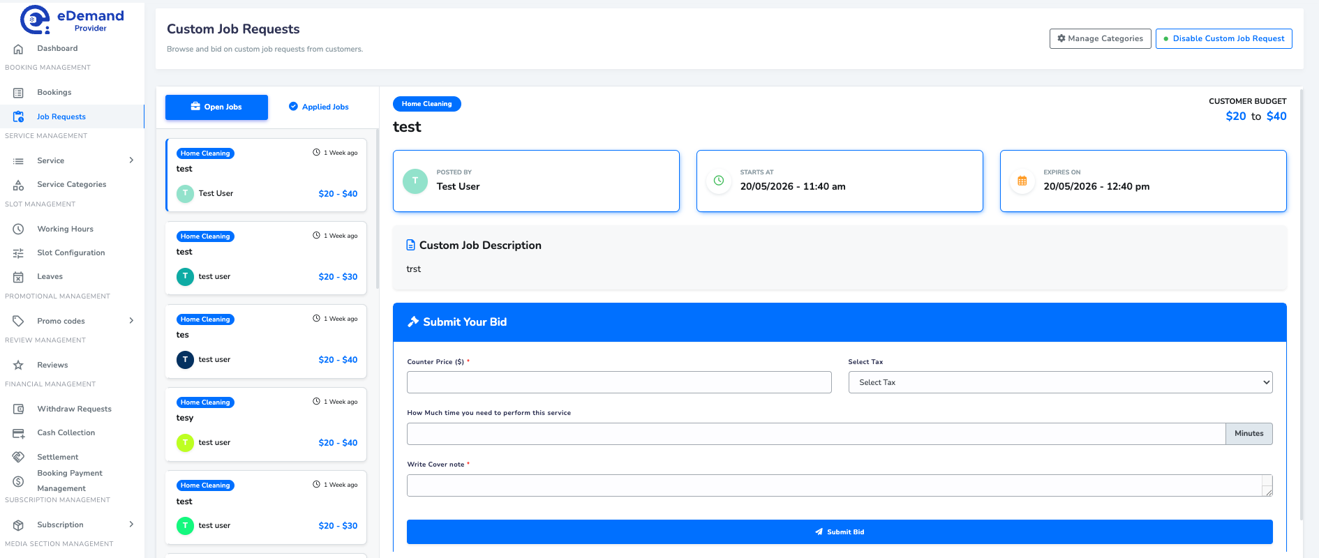 Submit Bid Provider Panel