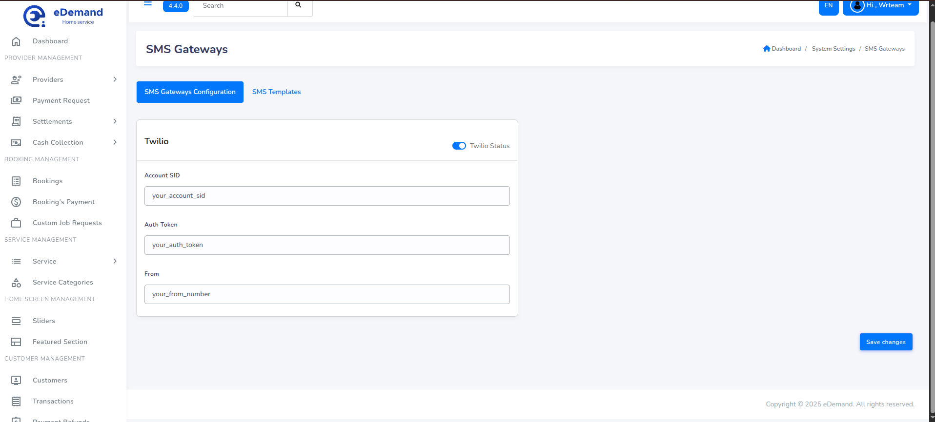 Twilio Admin Settings