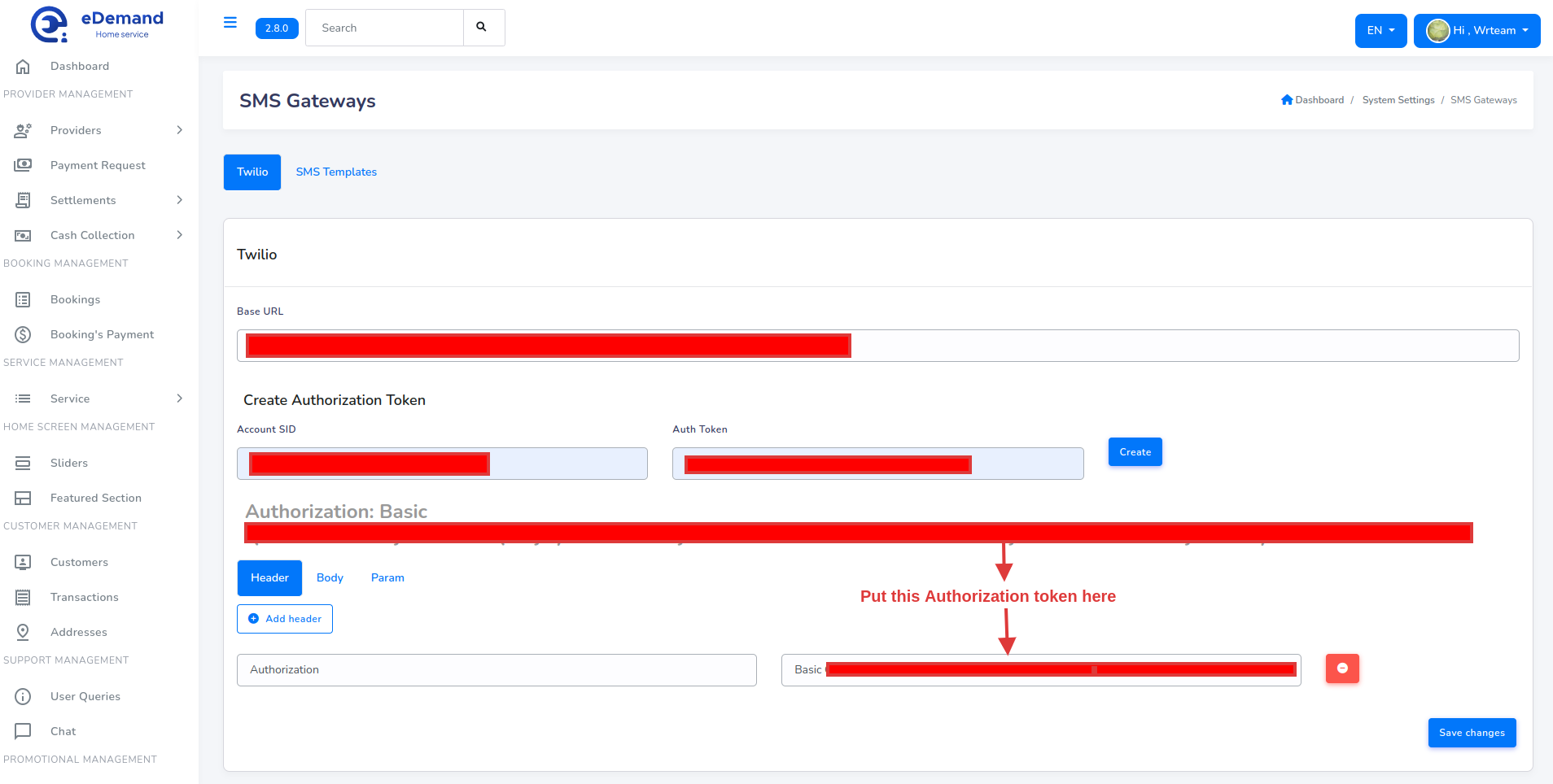 Twilio Admin Settings