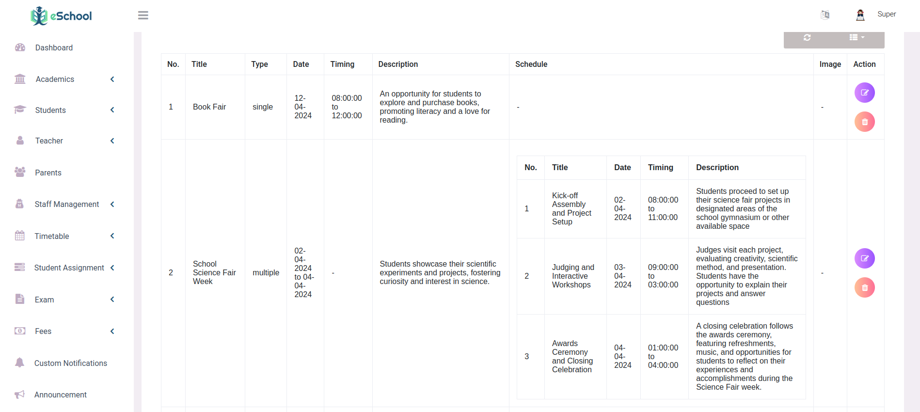 Events List