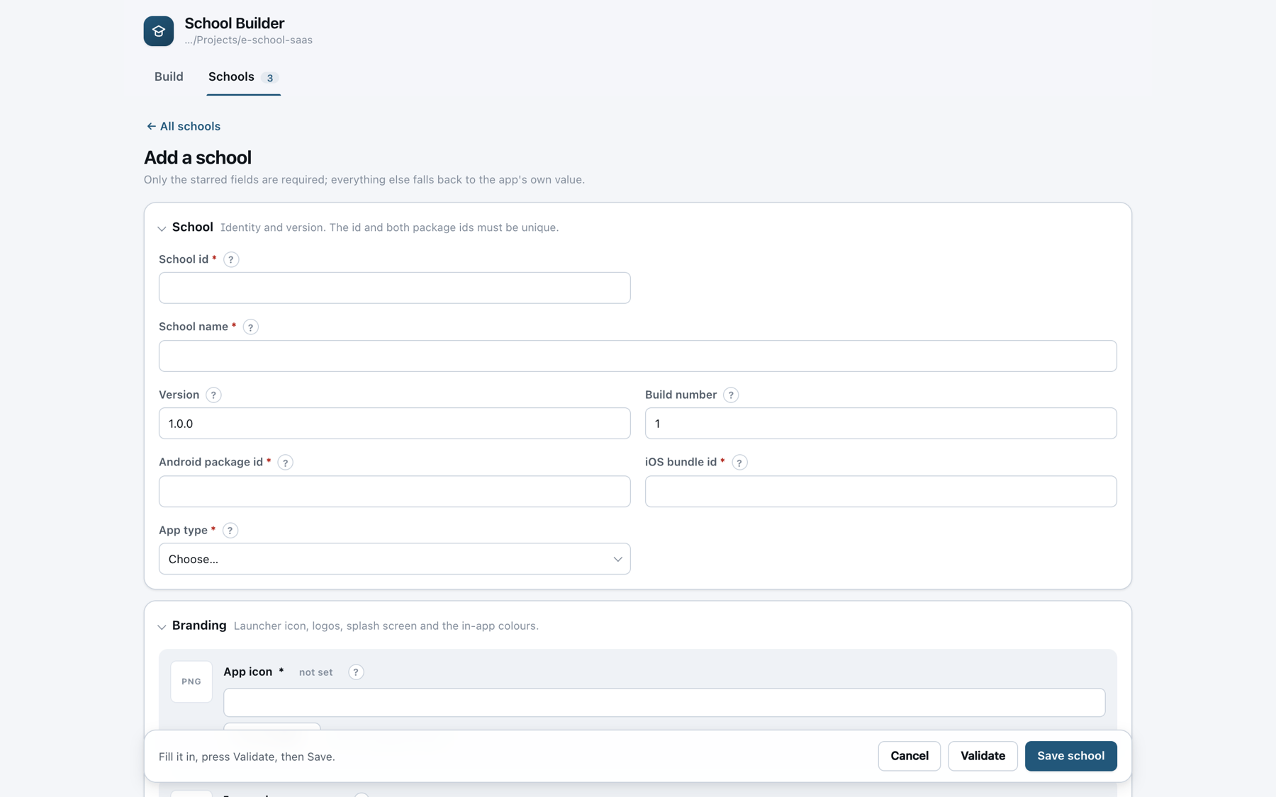 The Add a school form