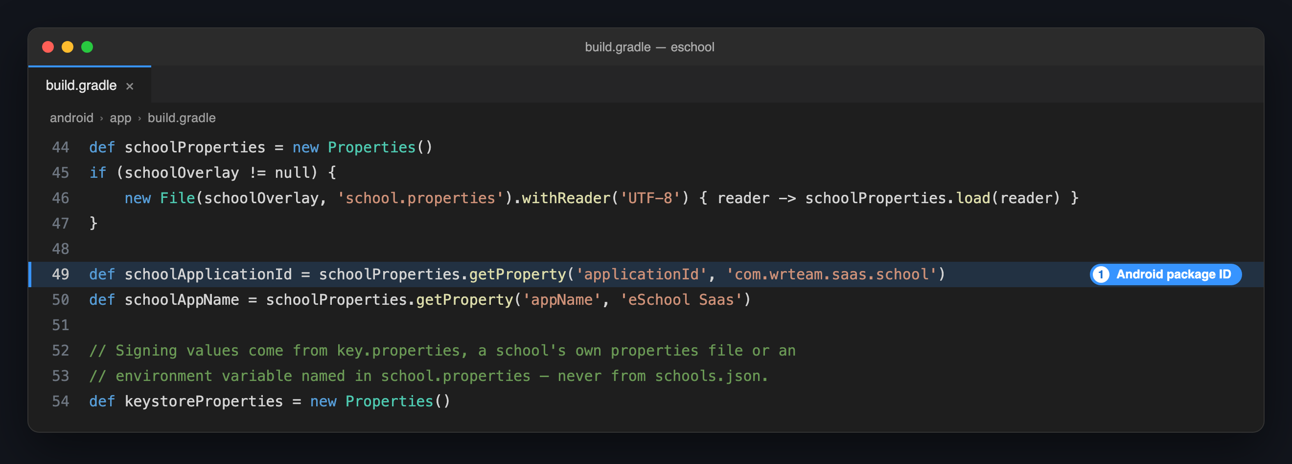 build.gradle: the Android package ID