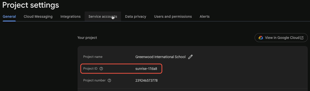 Project settings: the Project ID