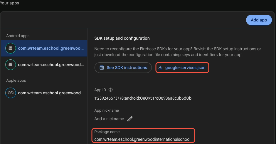 Project settings: Your apps, with the download link and the package name