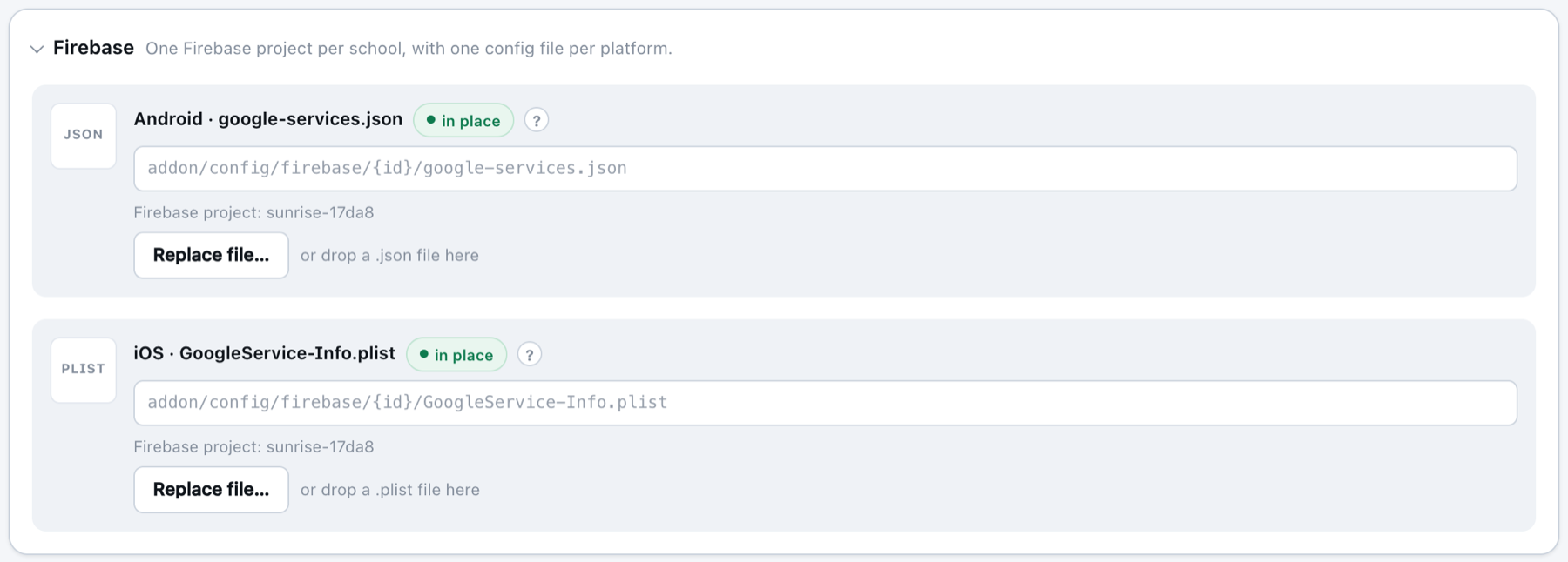 Builder: the Firebase section with both files in place