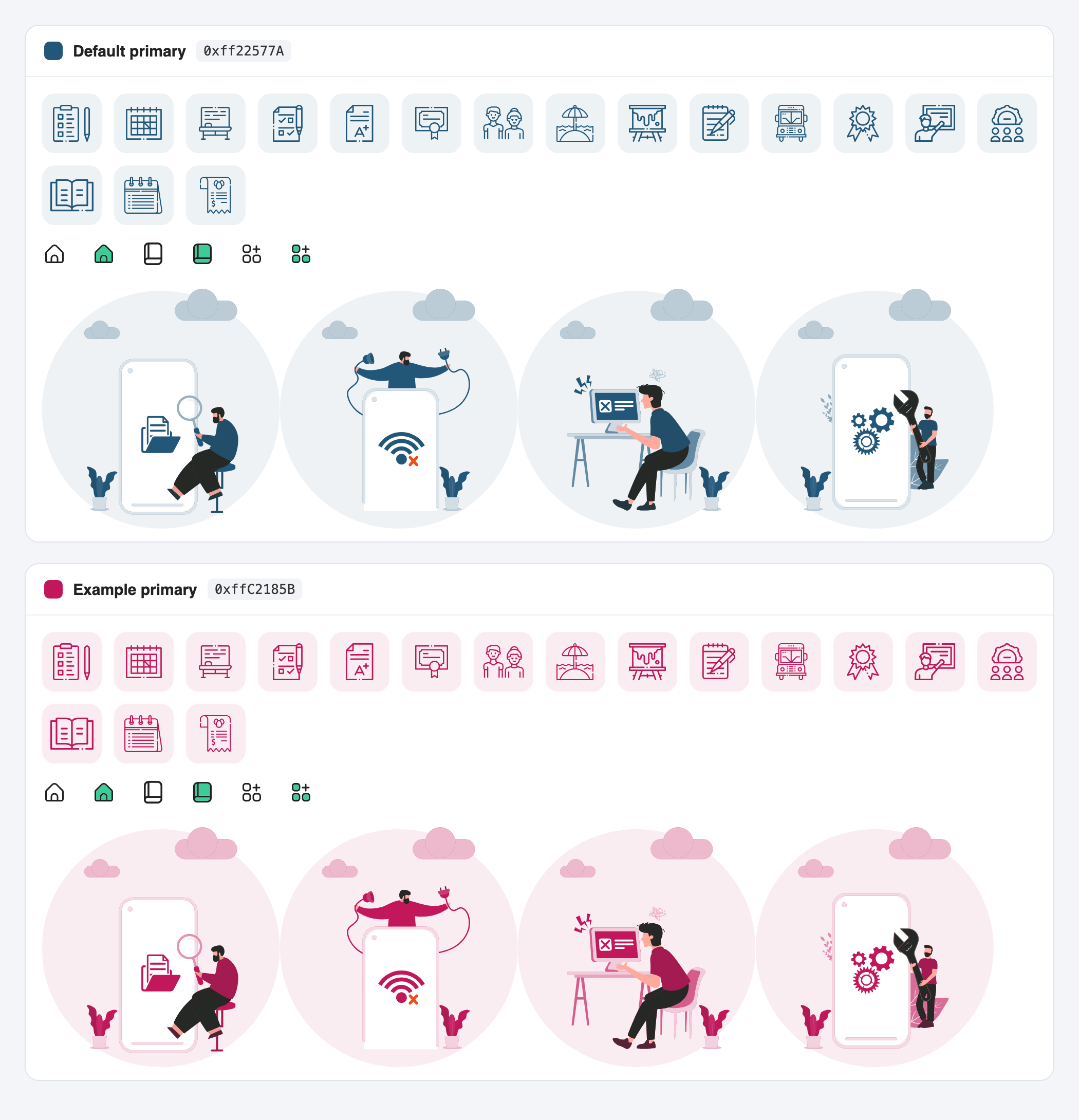 The same icons and illustrations with two primary colours