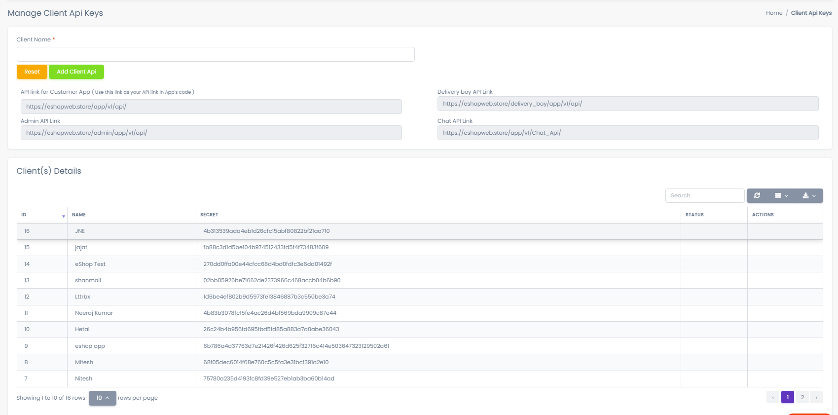Client API Keys Management