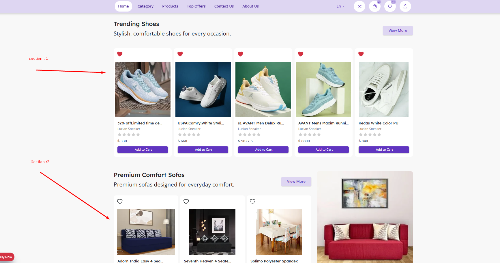 Featured Sections on Website