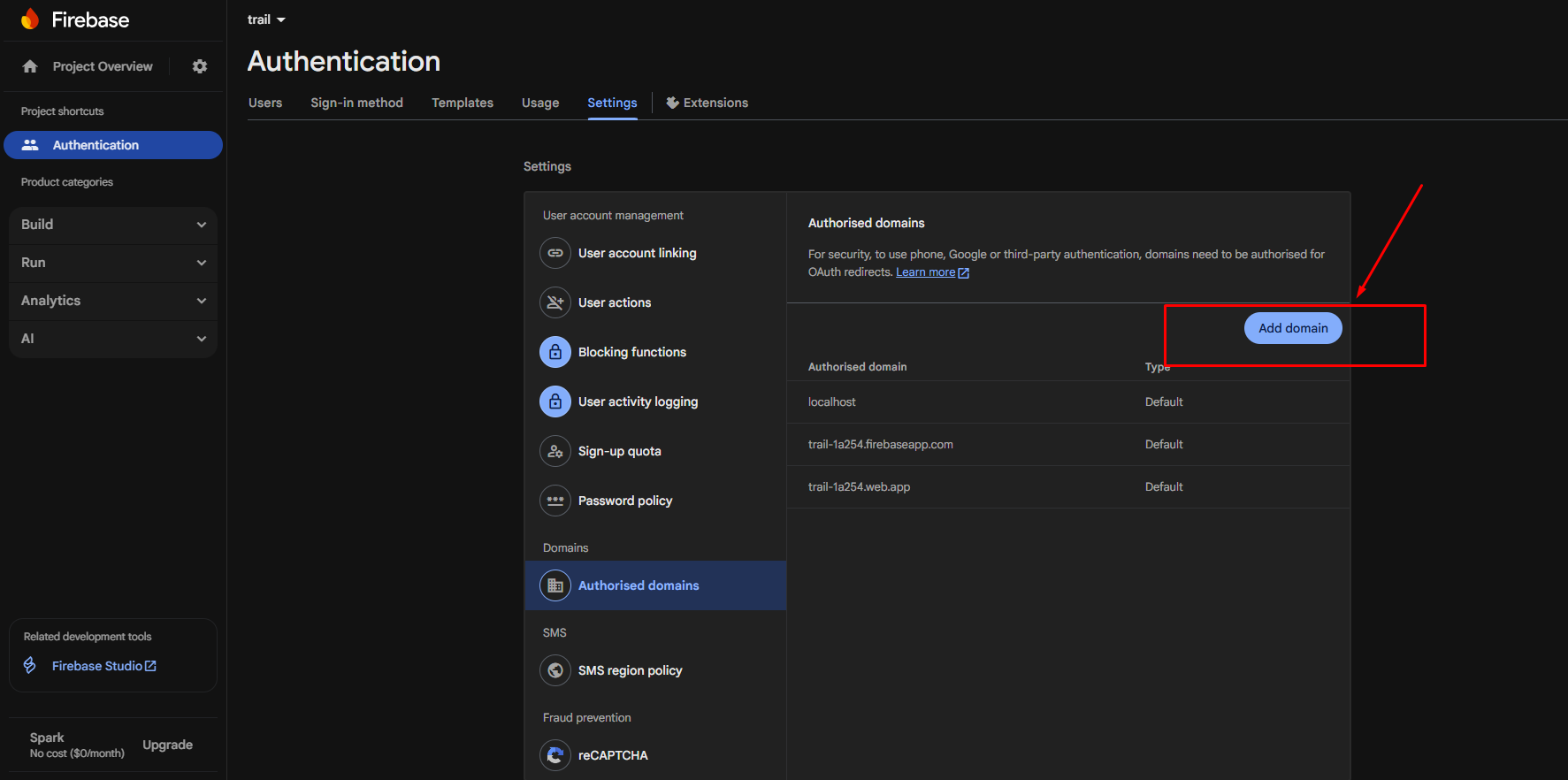 Authorized Domains Settings