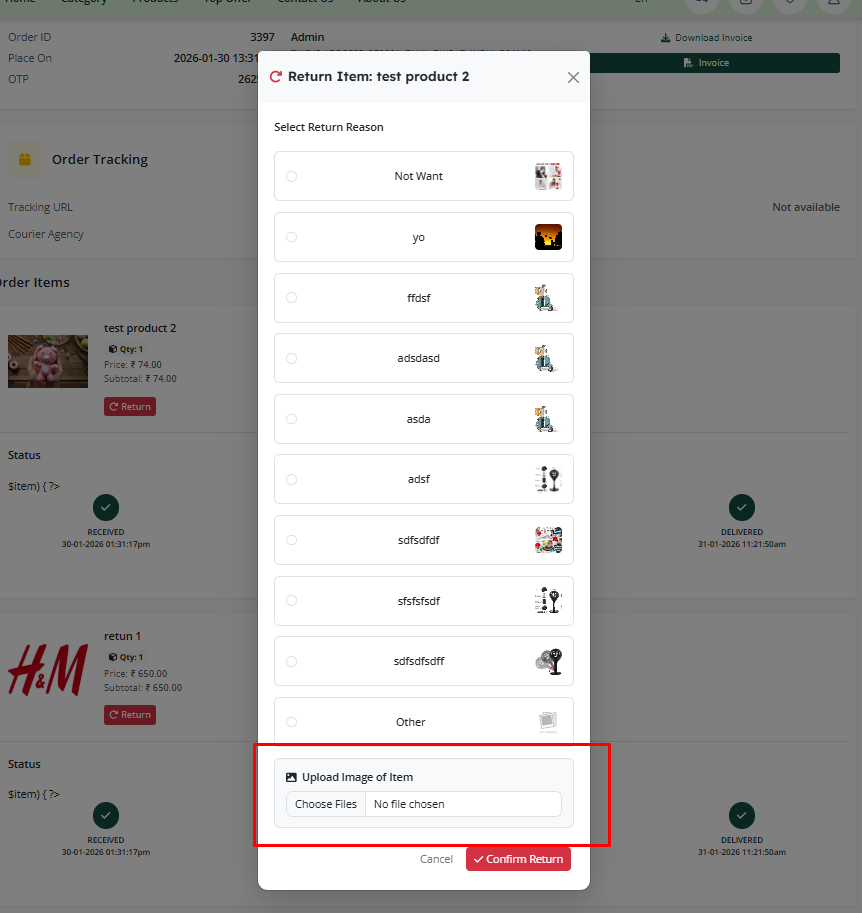 Return Reason Selection