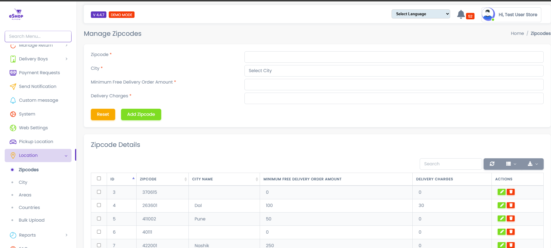 Manage Zipcodes