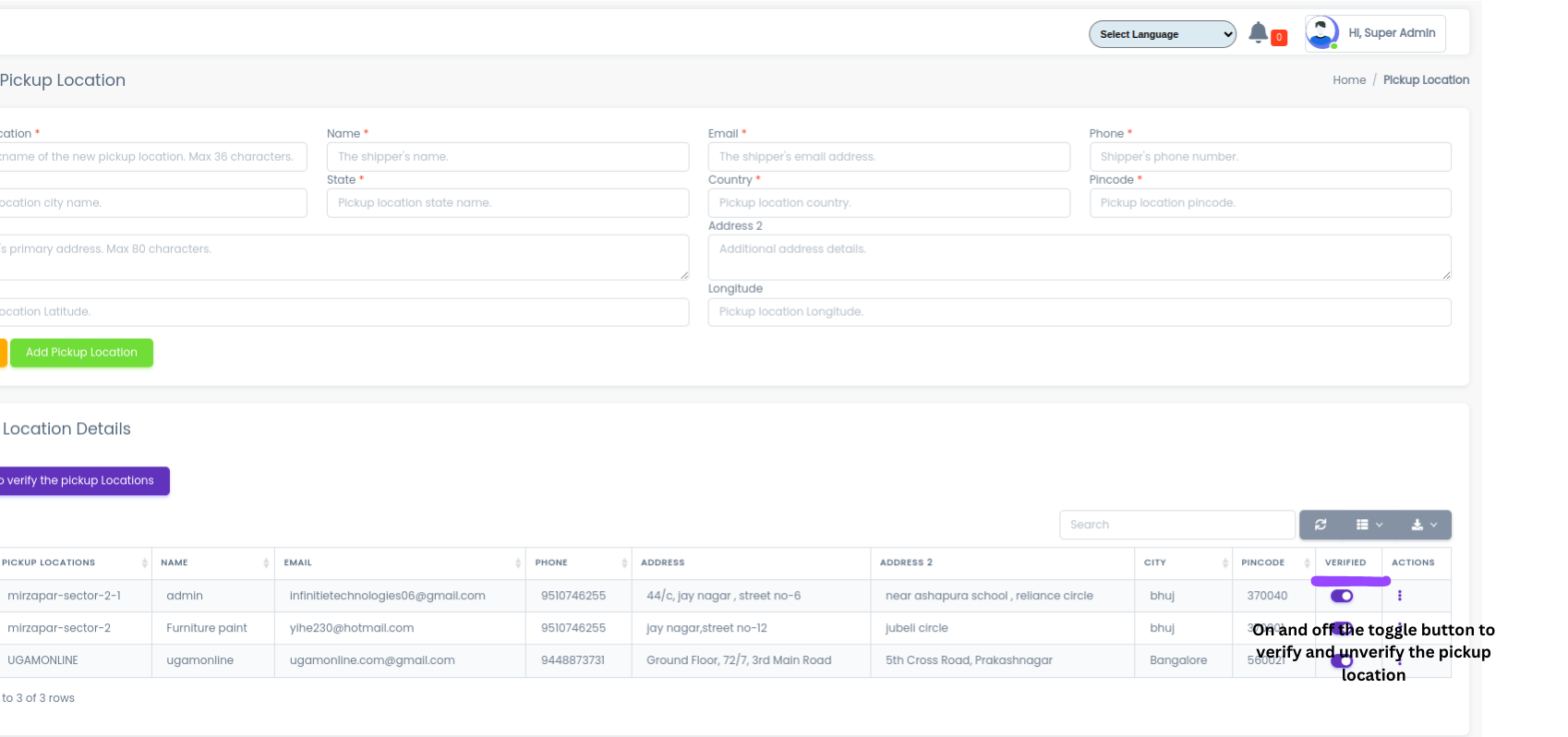 Admin Pickup Location