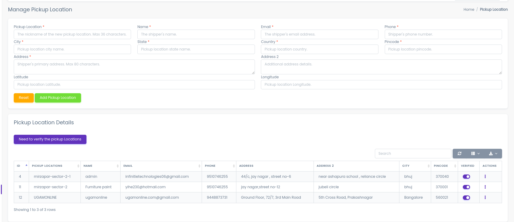 Seller Pickup Location