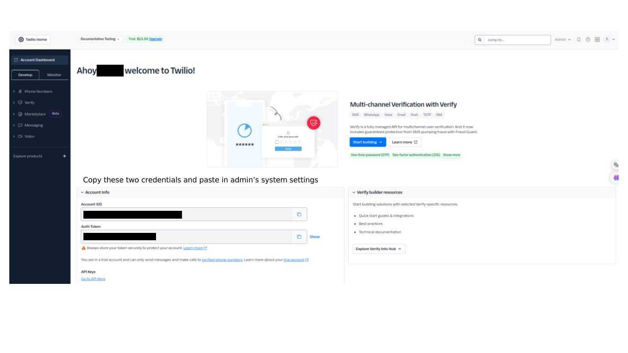 Copy Account SID and Auth Token