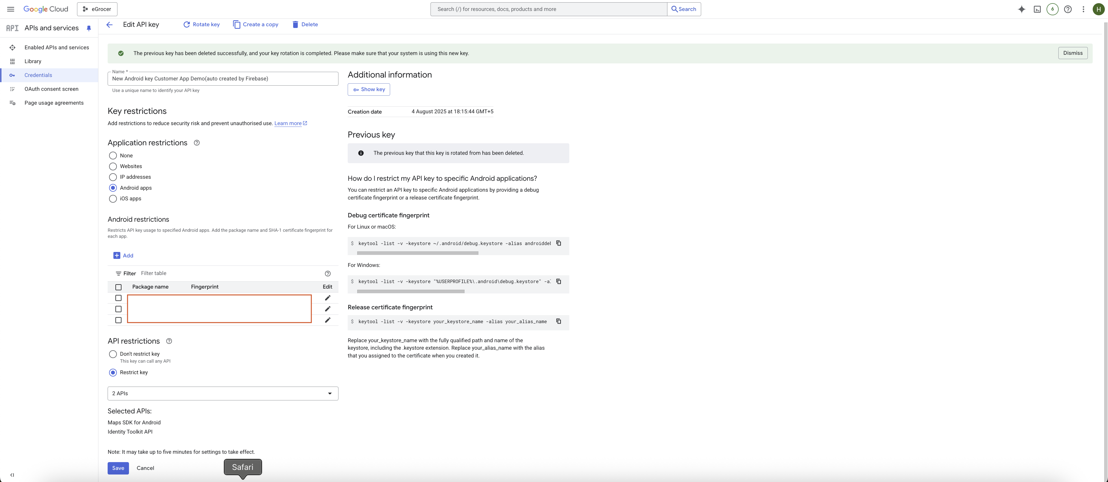 Android API Key Restriction Screenshot
