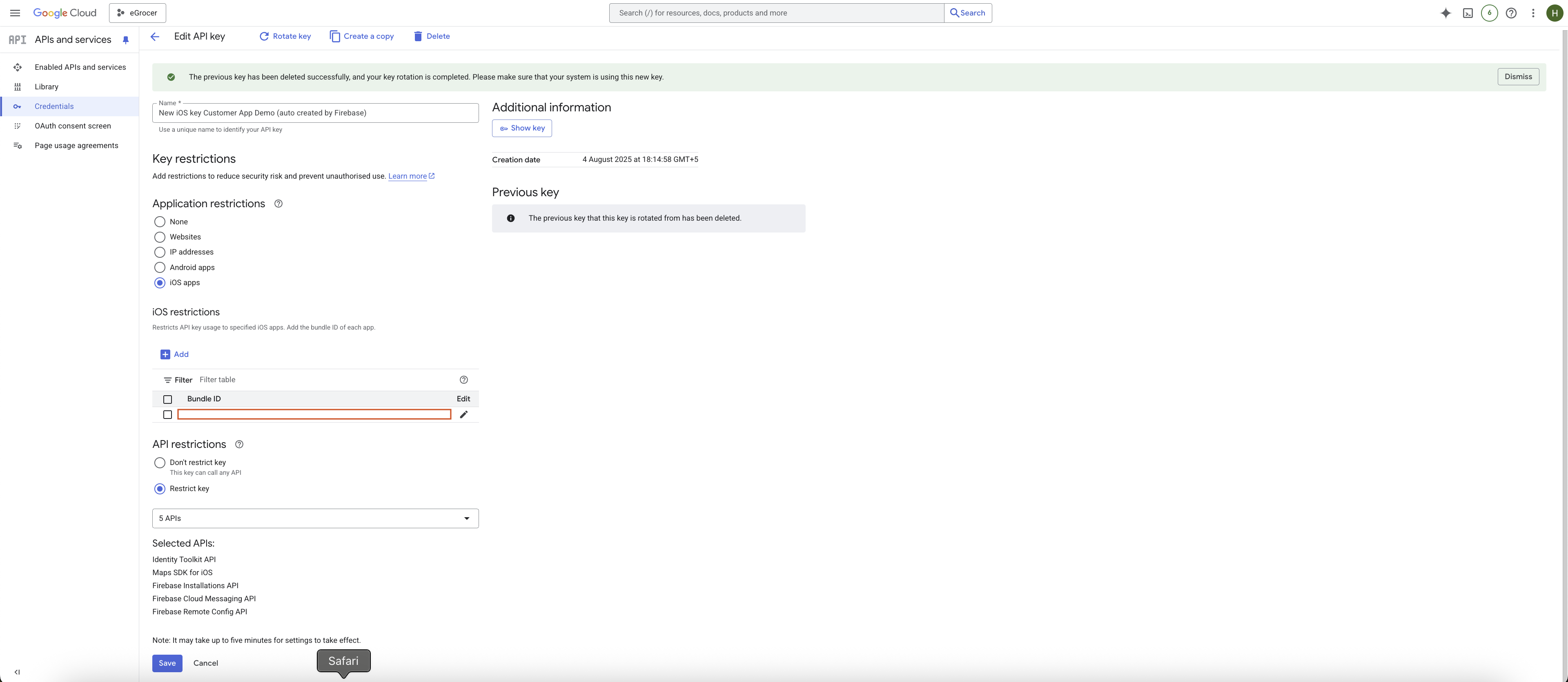 ios API Key Restriction Screenshot