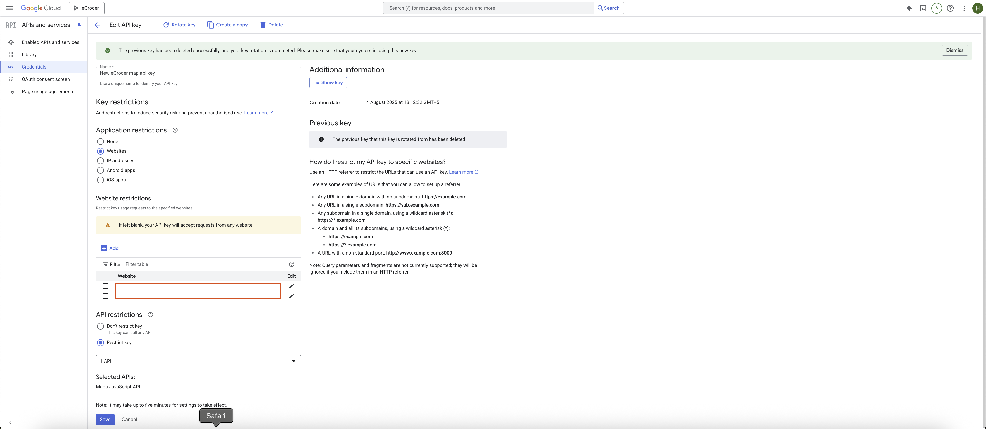 Penal API Key Restriction Screenshot