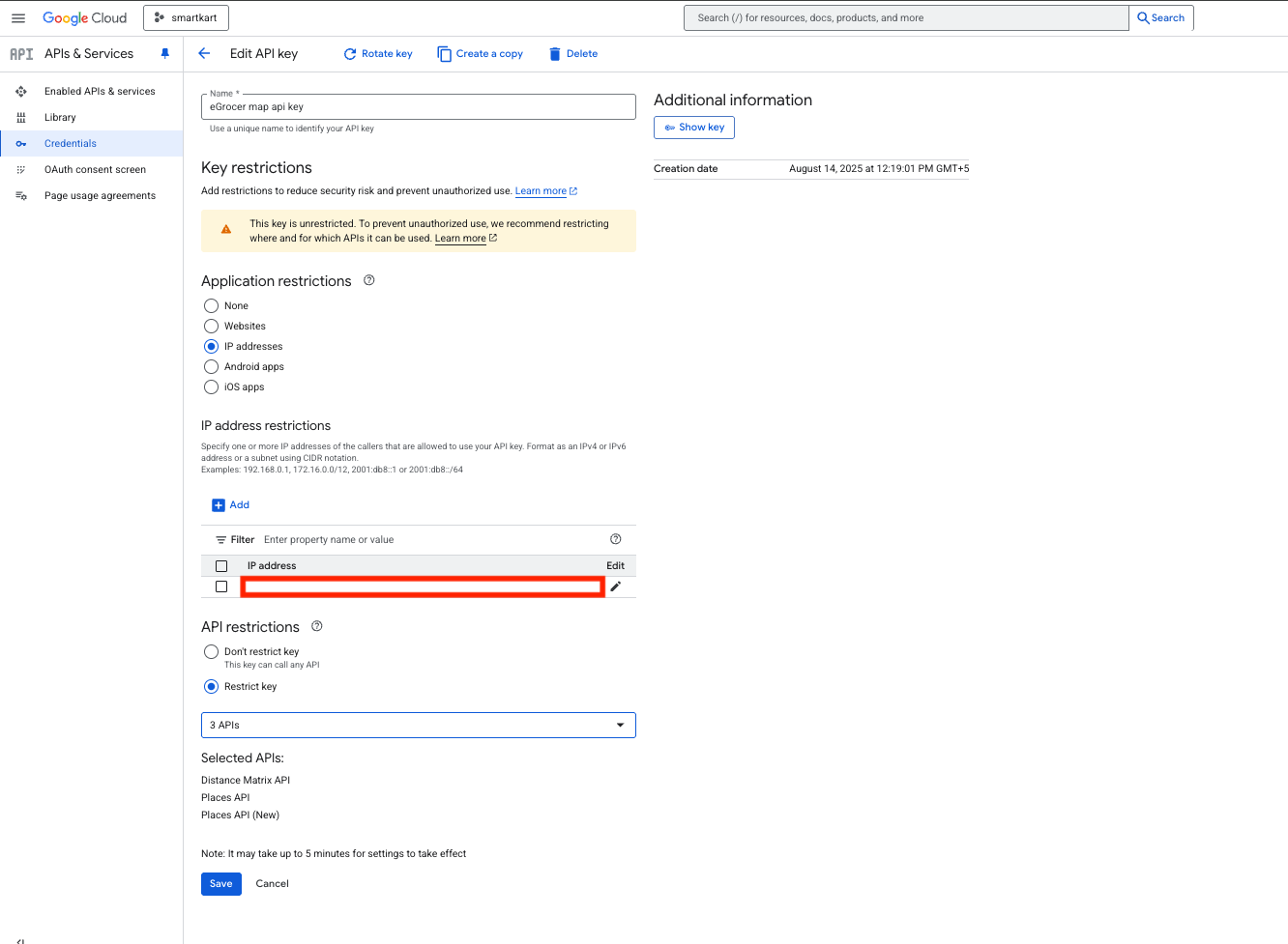 Penal API Key Restriction Screenshot