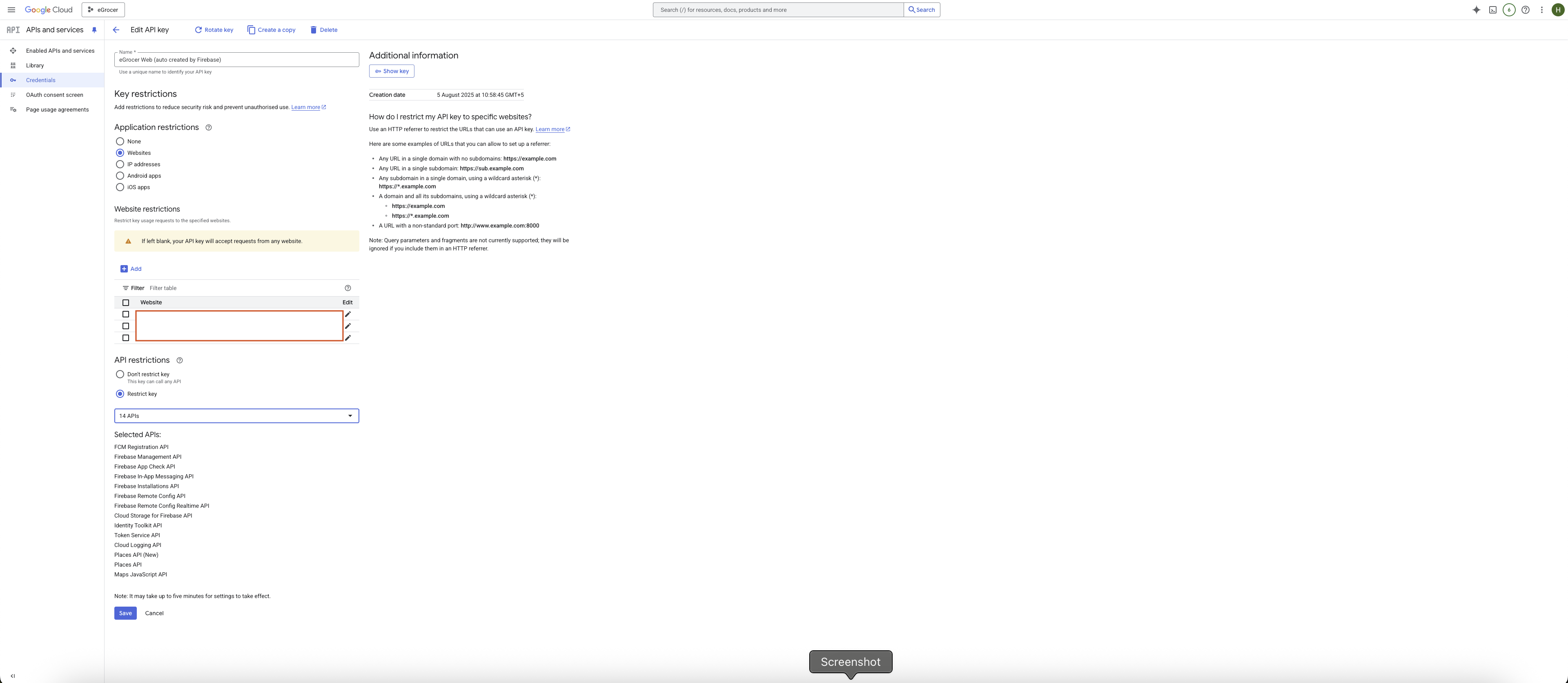 Web API Key Restriction Screenshot