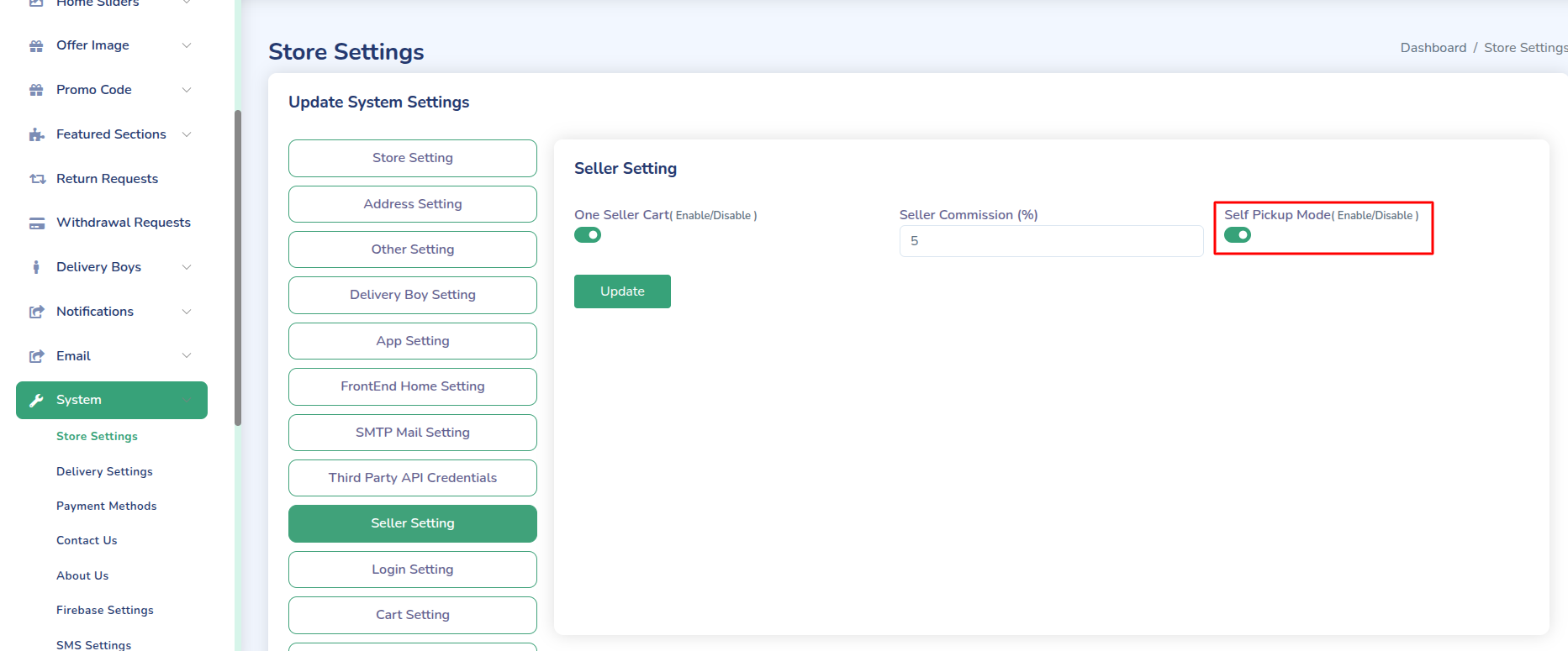 Admin Self Pickup Settings