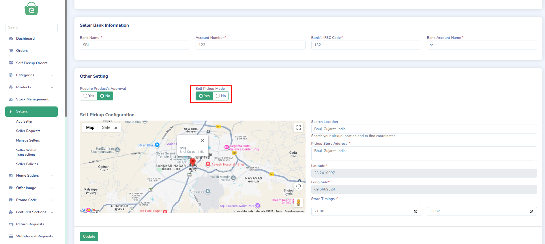 Admin Self Pickup Settings