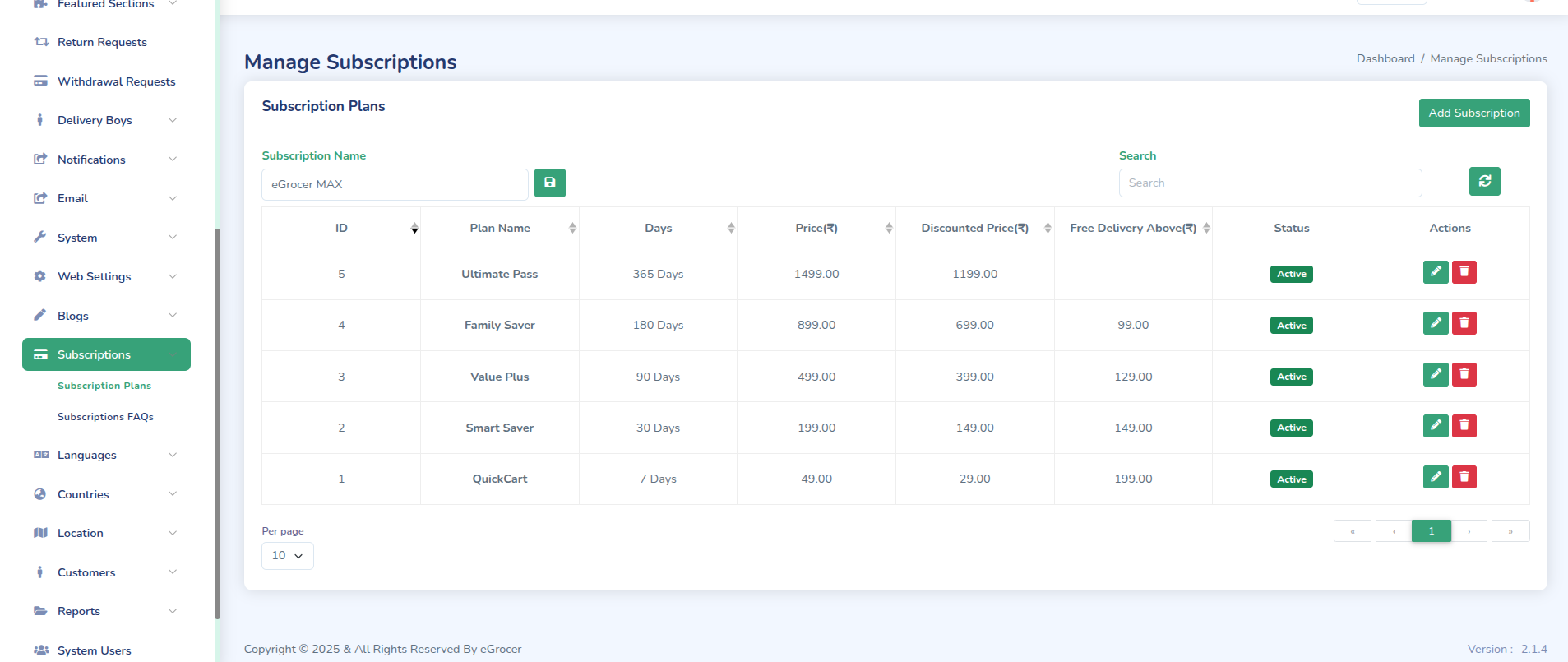 Subscription Settings