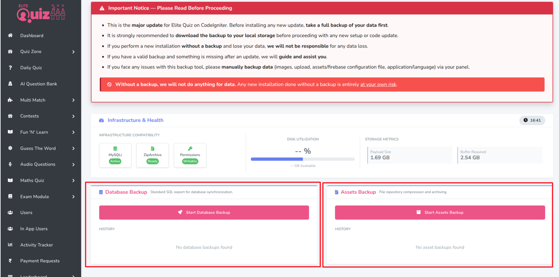 Backup Data in Old Admin Panel