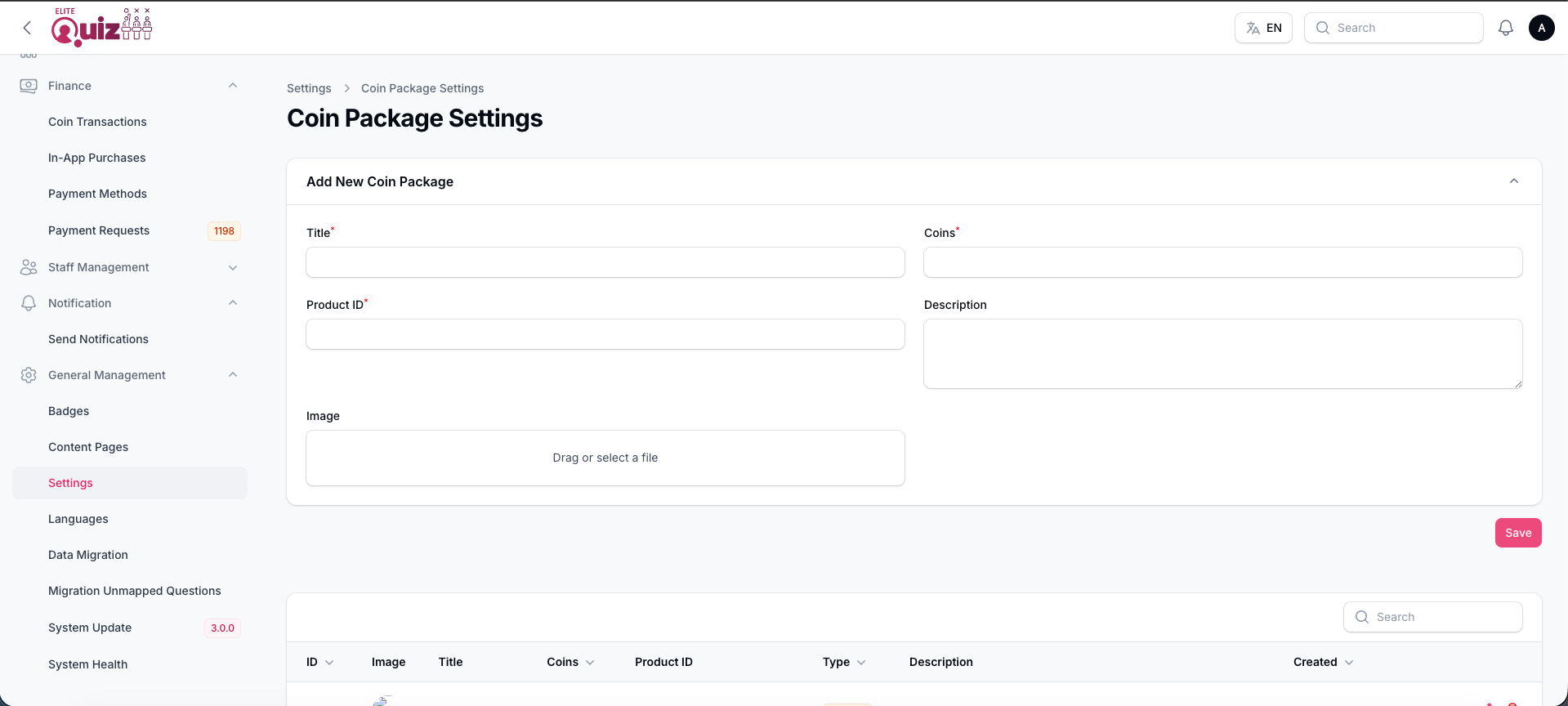 Coin Package Settings
