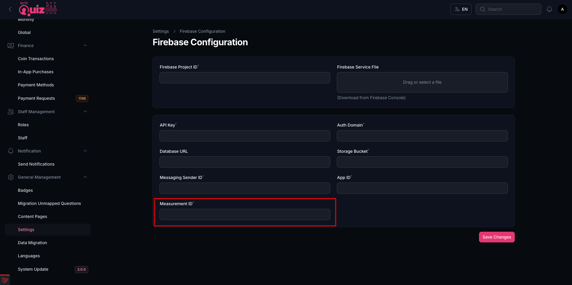admin panel measurementId
