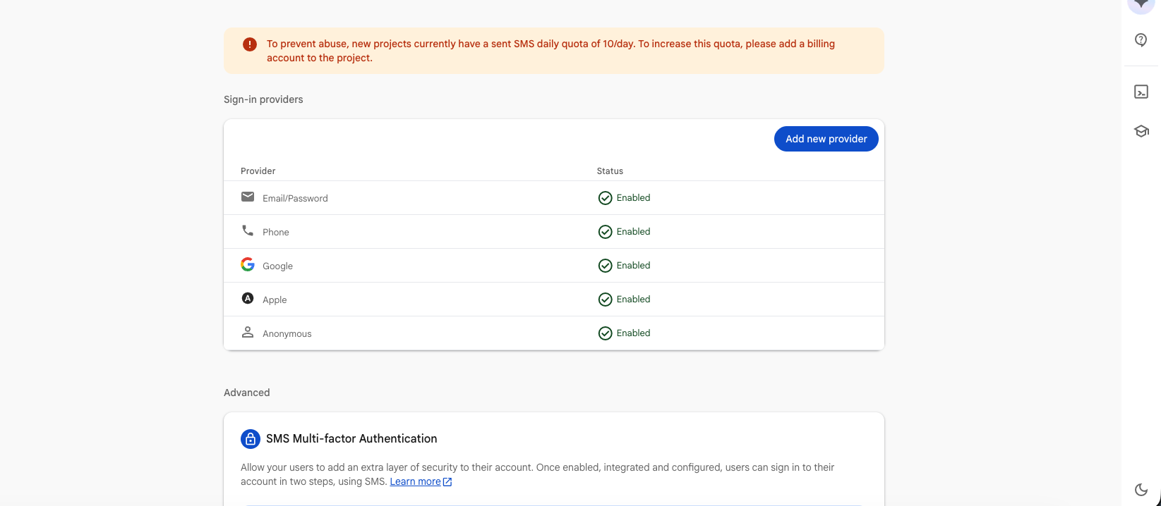 Screenshot: All five sign-in providers enabled in Firebase