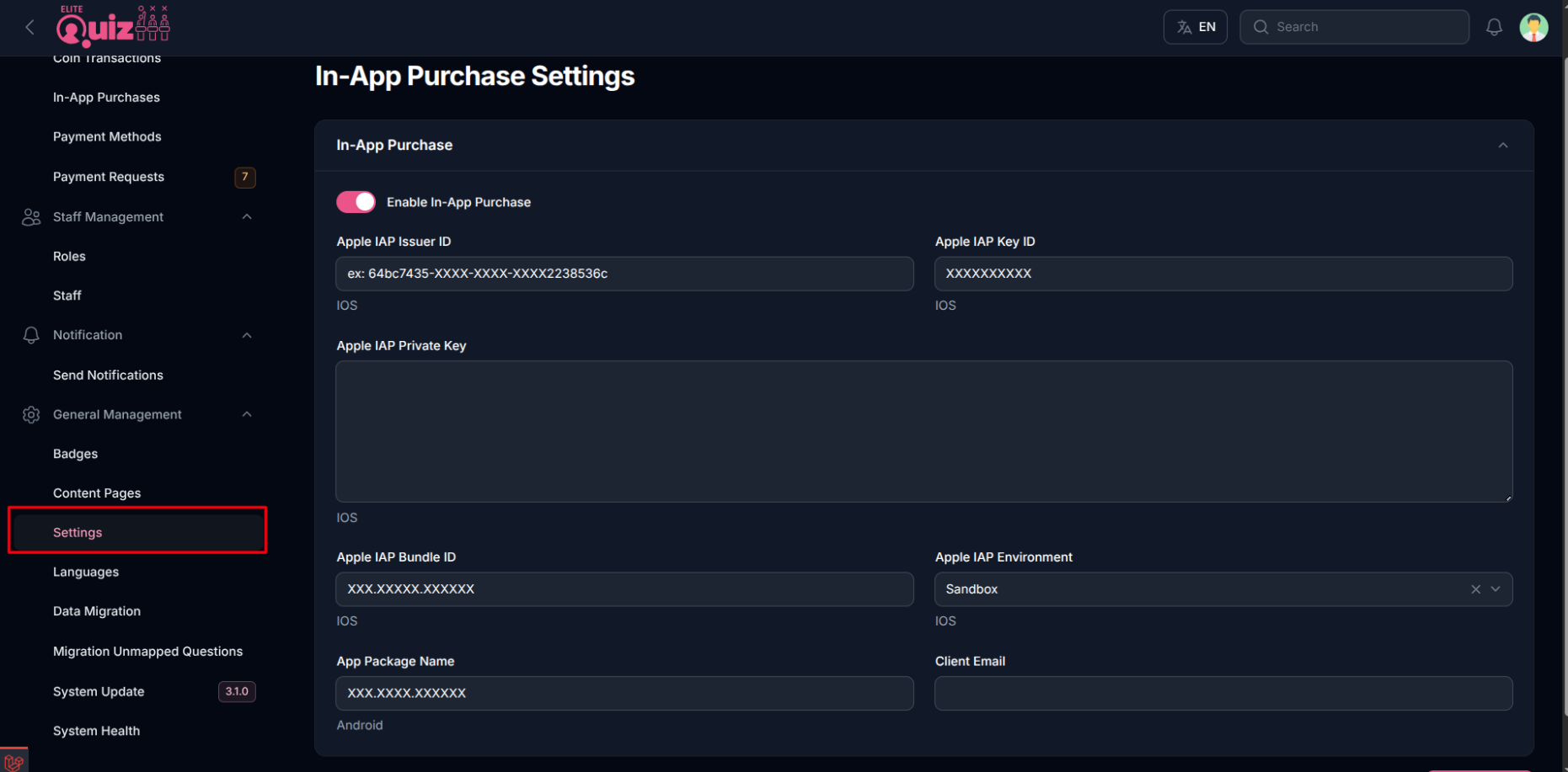 In-App Purchase Settings