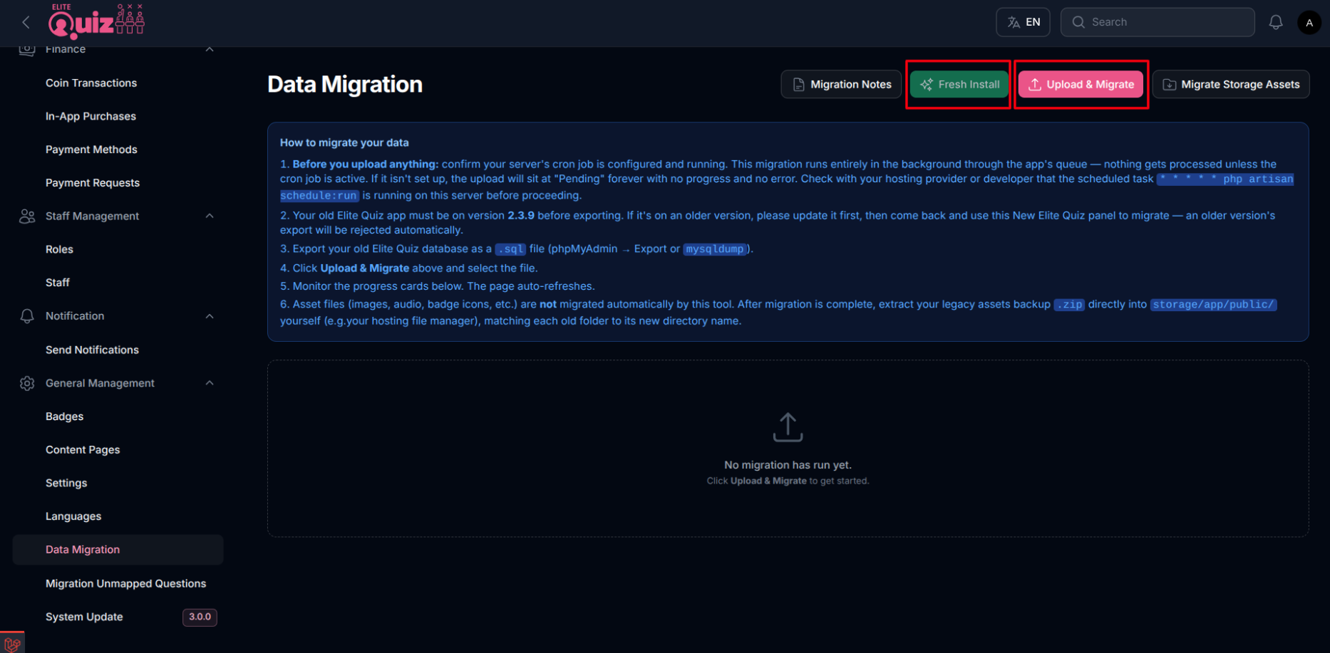 Legacy Data Migration Page