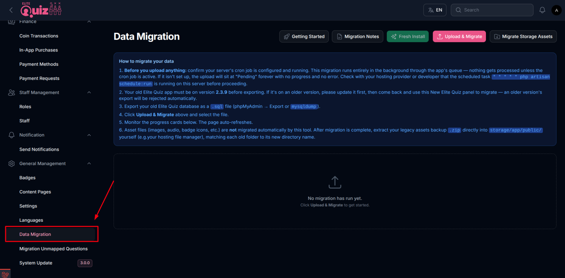 Legacy Data Migration Page