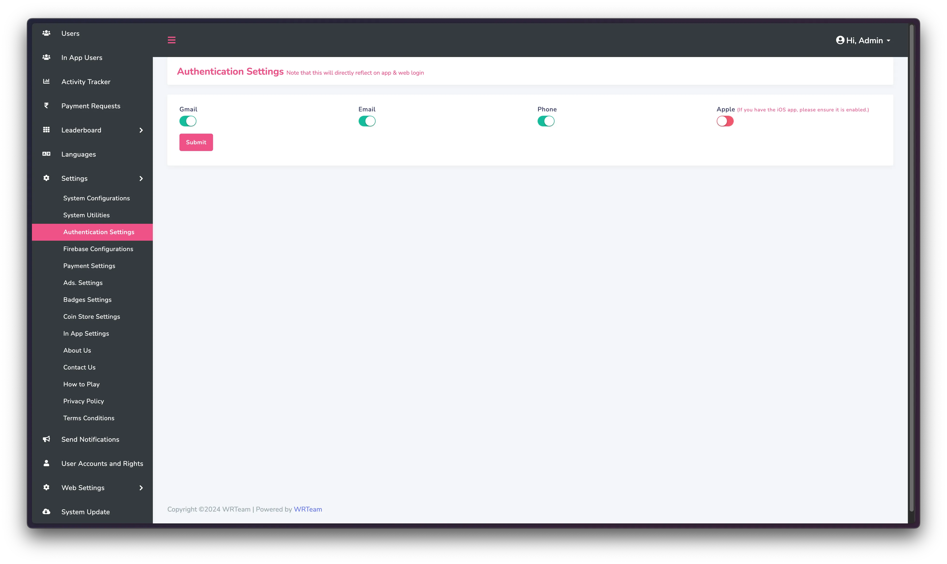 Screenshot: Admin Panel Authentication Settings