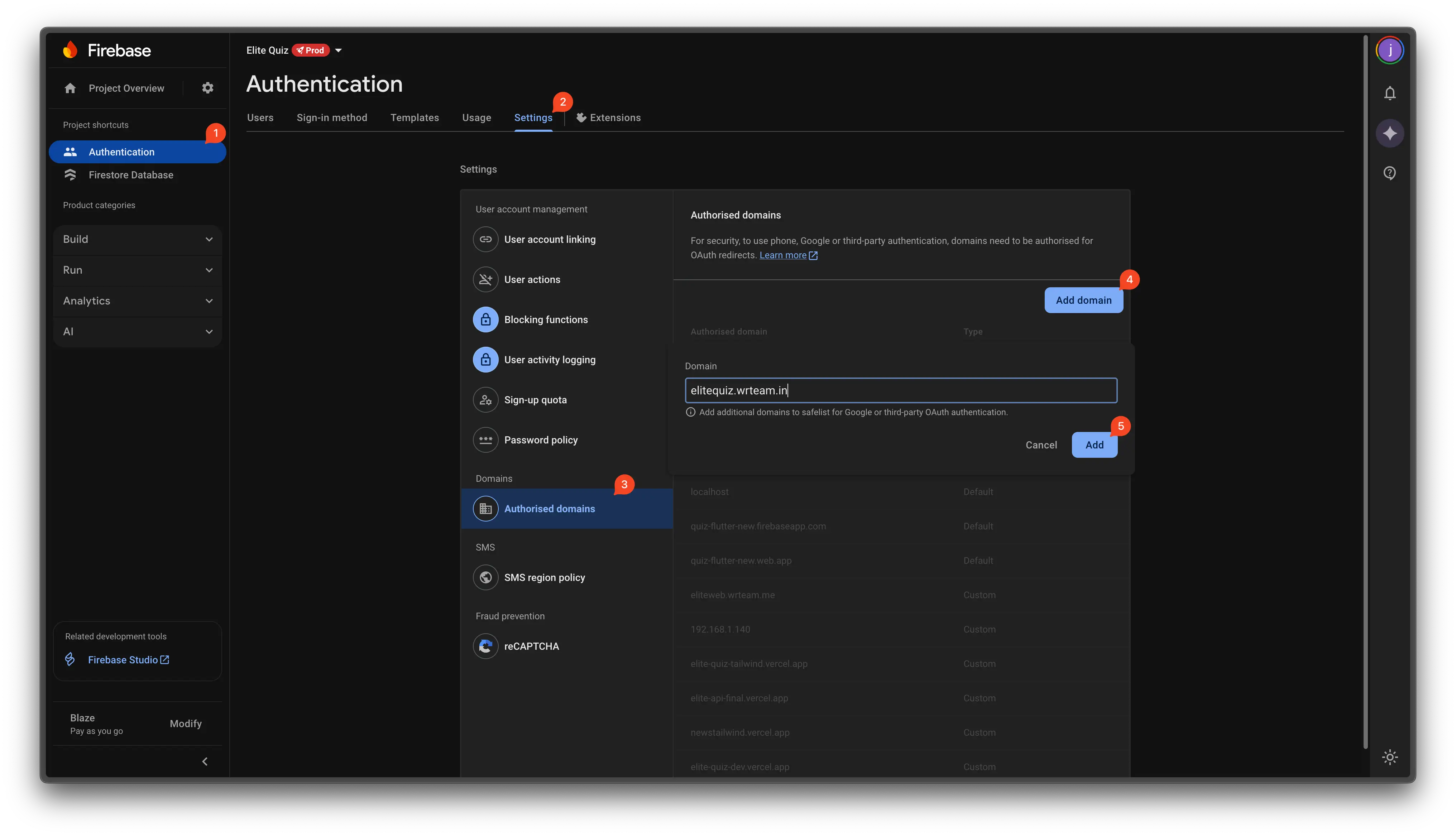 Screenshot: Add Authorized Domains for Elite Web