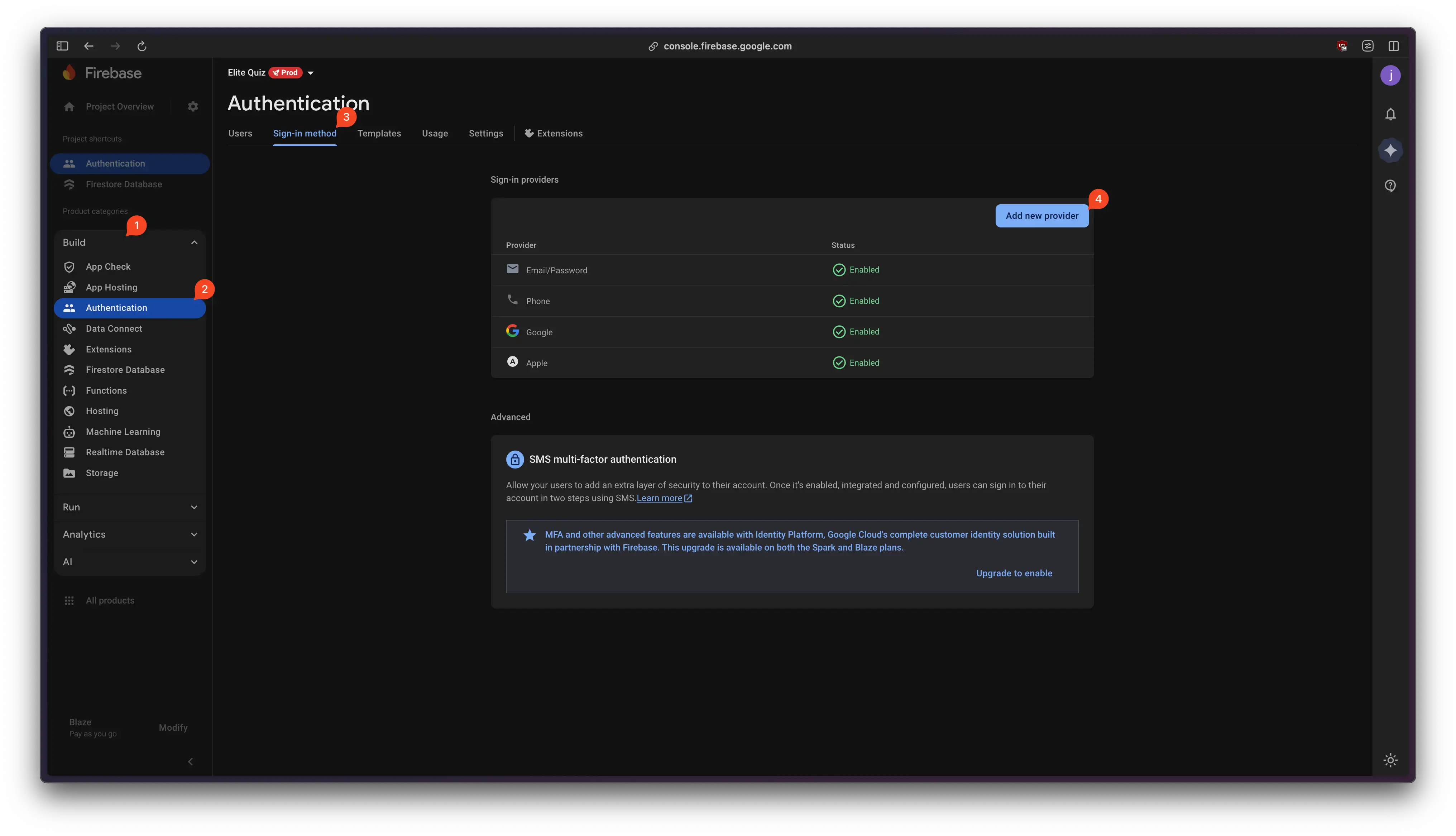 Screenshot: Enable Auth Methods in Firebase