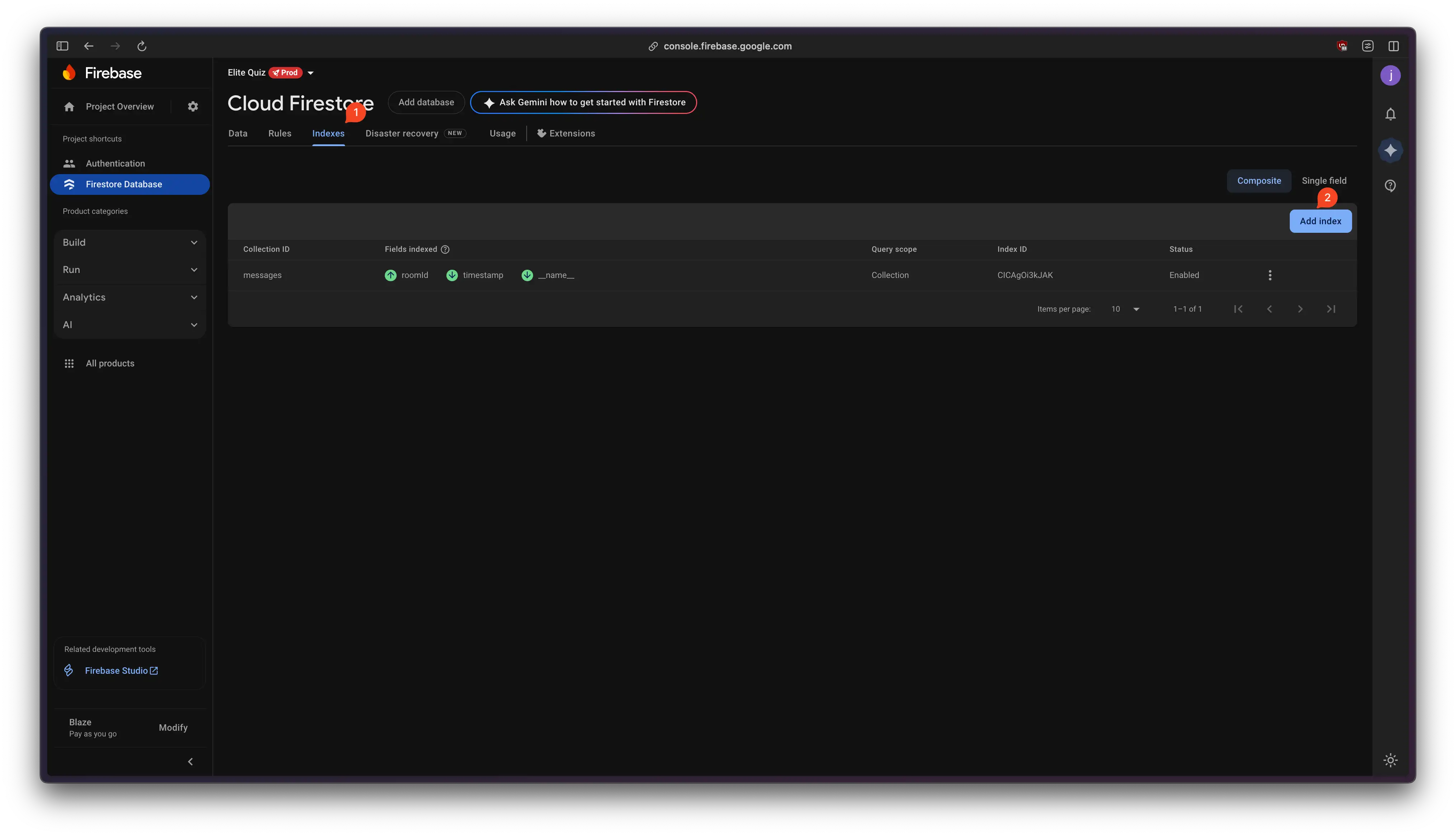 Screenshot: Create Index for Messages